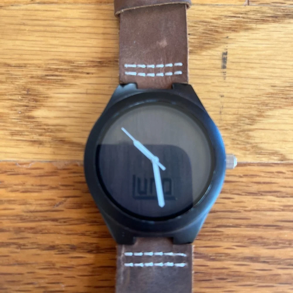 LUNO WEAR 45mm Wooden Men’s Watch Leather Strap Black Brown